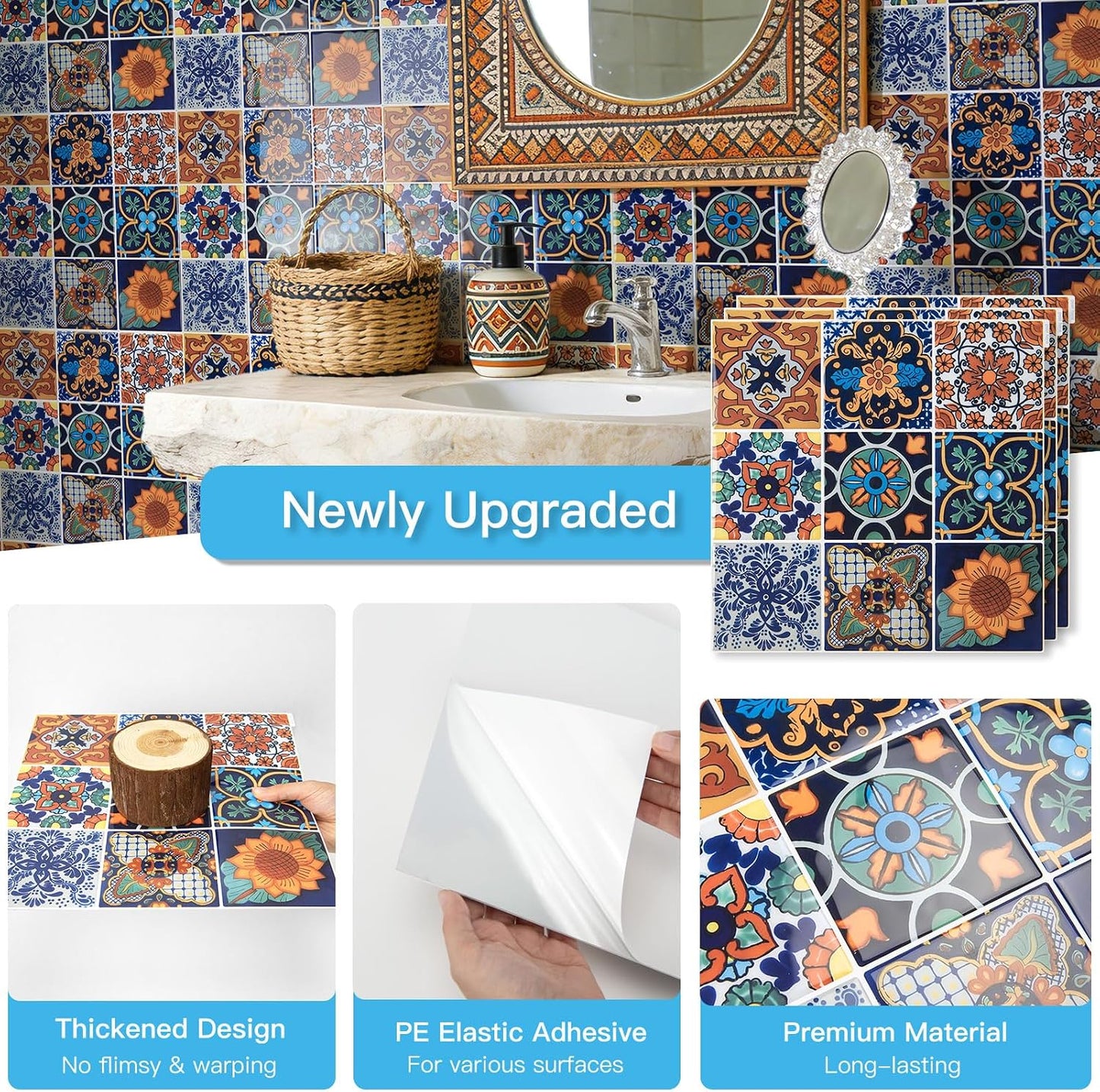 Art3d Talavera Hand-painted Waterproof Peel and Stick Backsplash Tile for Kitchen & Living Room, Sun & Moon Floral Design - 10-Pack of 12 x 12 Inch