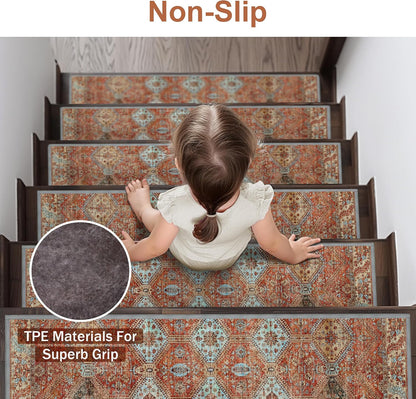 sarben Non Slip Stair Treads for Wooden Steps 15PCS - 8"x30" Indoor Safety Carpet, Edging Mats with TPE Adhesive Backing, Pet and Elderly Friendly Stair Rugs (Taupe) - Colors B