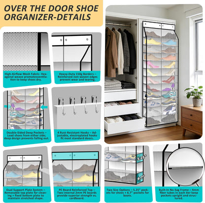 Kotkn 24-Pair Over Door Shoe Organizer for Family & Kids, Double Sided | Hanging Storage for Sneakers, Boots, Toys & Room Organization-Graphite Gray