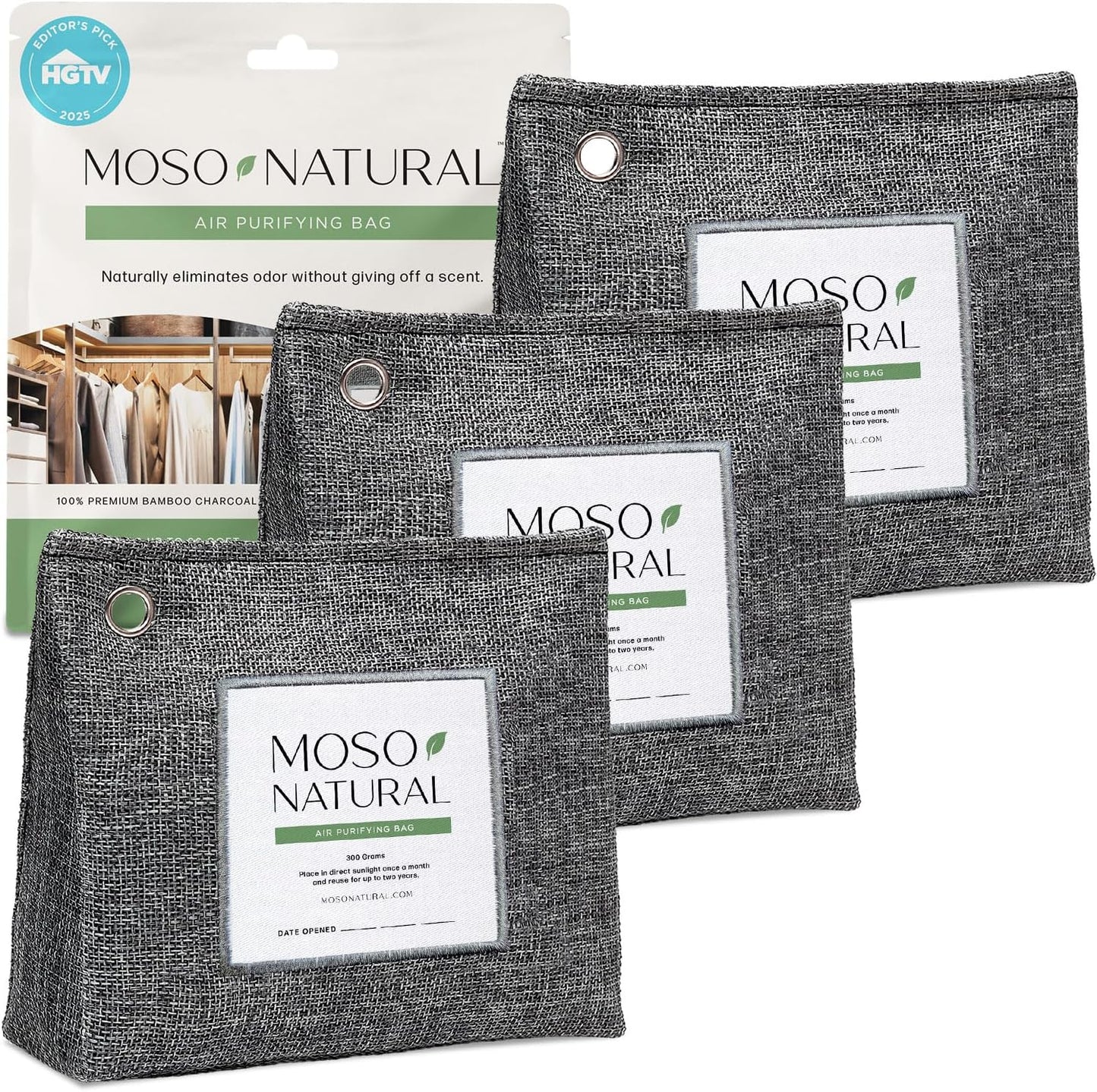 Moso Natural Air Purifying Bag 300g (2 Pack) Premium Charcoal Odor Absorber & Deodorizer for Closets, Bathrooms & Small Spaces — Lasts 2 Years, Pet Odor Eliminator for Home, Unscented Bamboo Charcoal