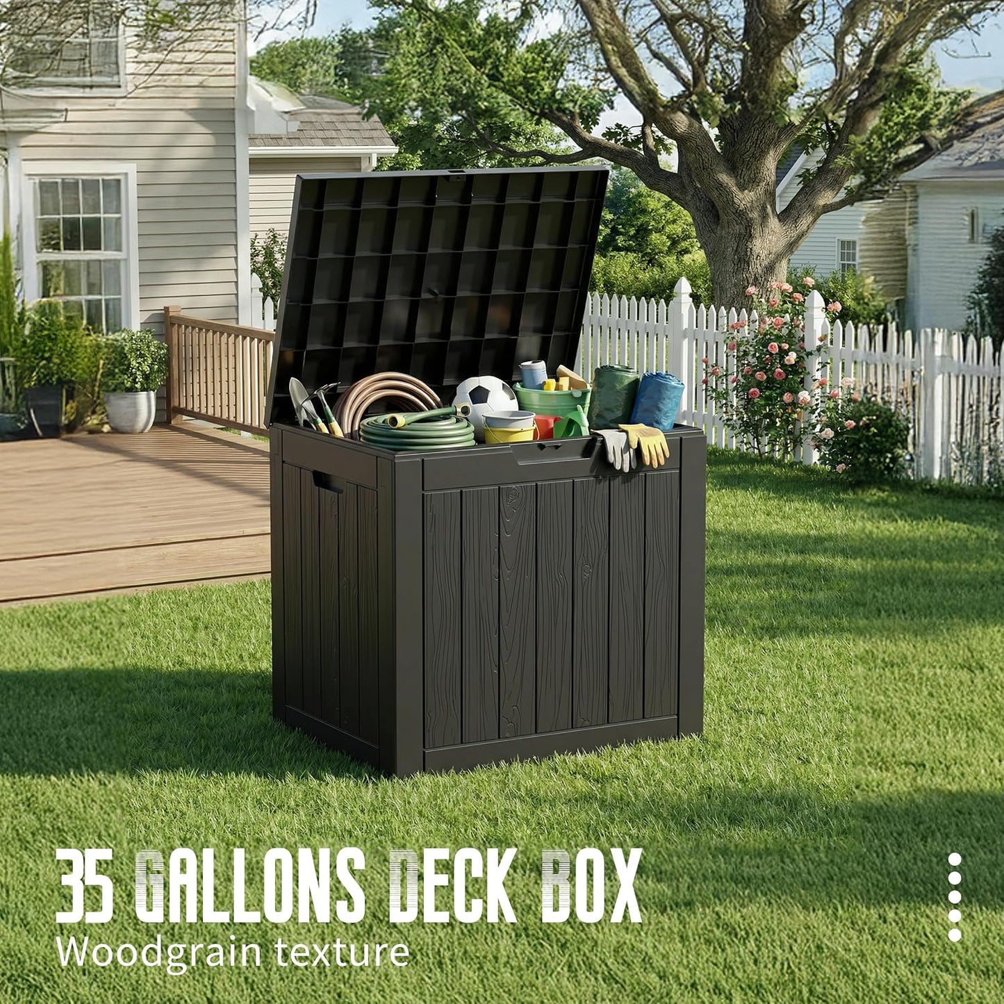 DRATO 35 Gallon Outdoor Storage Box Waterproof, Resin Small Deck Box for Patio Furniture Bench, Pool Garden Tools, Weatherproof Outside Storage Bin for Backyard Porch (Black, 35 Gallon)