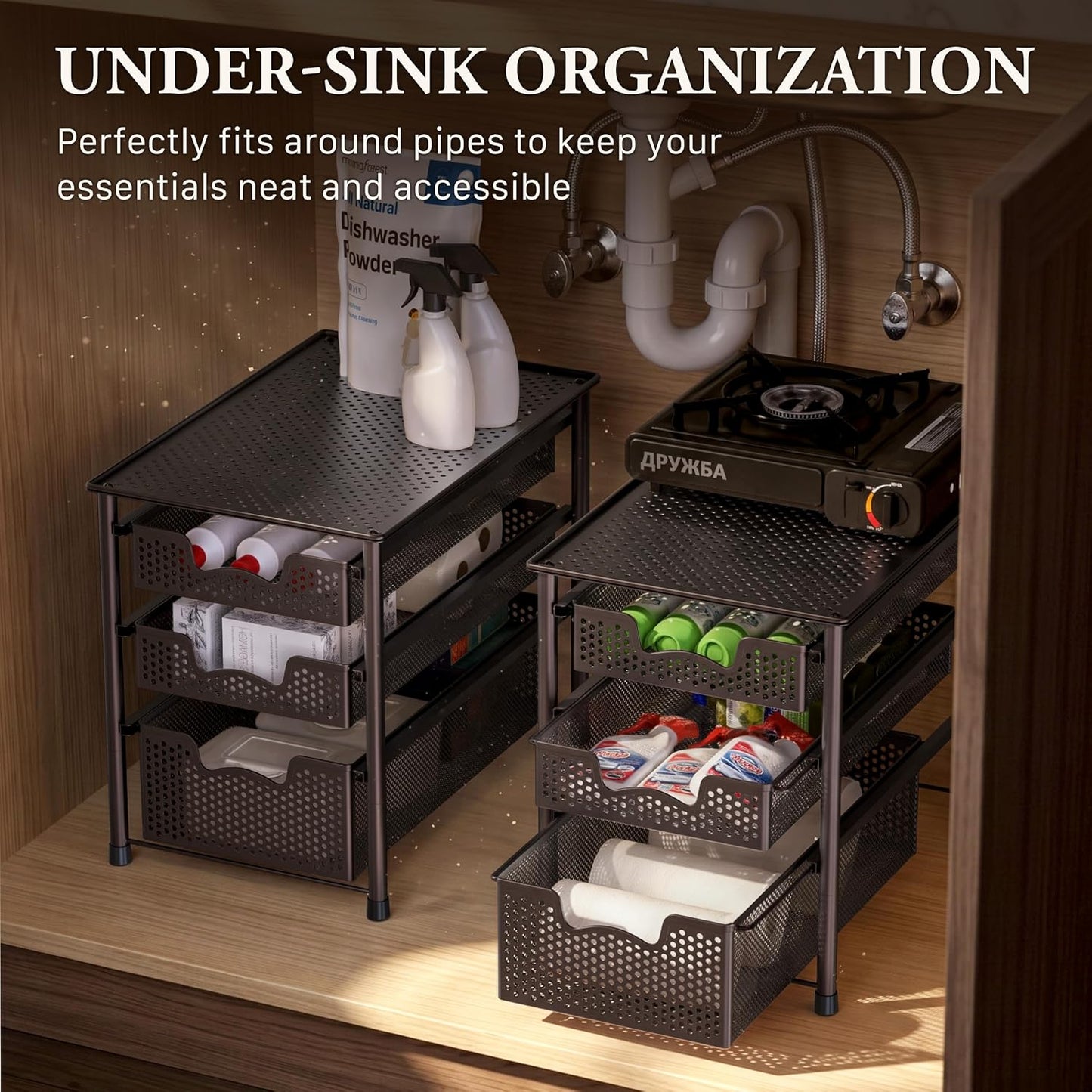 Simple Houseware Stackable 2 Tier Sliding Basket Organizer Drawer, White