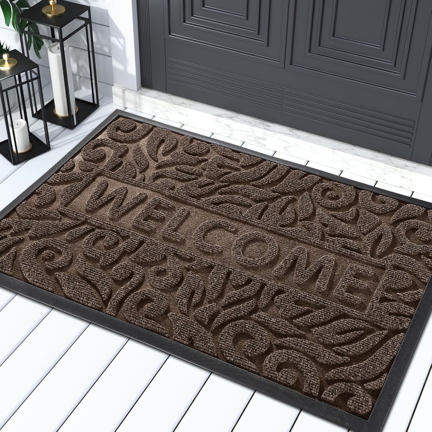 Yimobra Welcome Mat Outdoor 29.5x17, Waterproof Non-Slip Outdoor Mats for Front Door Outside Entrance, Low-Profile Entryway Mat Indoor for Garage Patio, Black