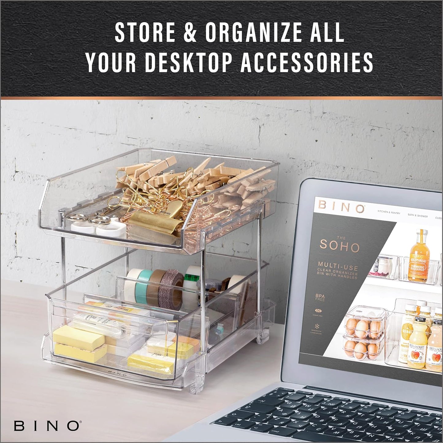 BINO 2 Tier Clear Storage Organizer with Dividers | Slide Out Drawer for Under Sink or Medicine Cabinet | Bathroom Closet, Vanity, Pantry Organizer | Under Cabinet Storage for Bathroom and Kitchen