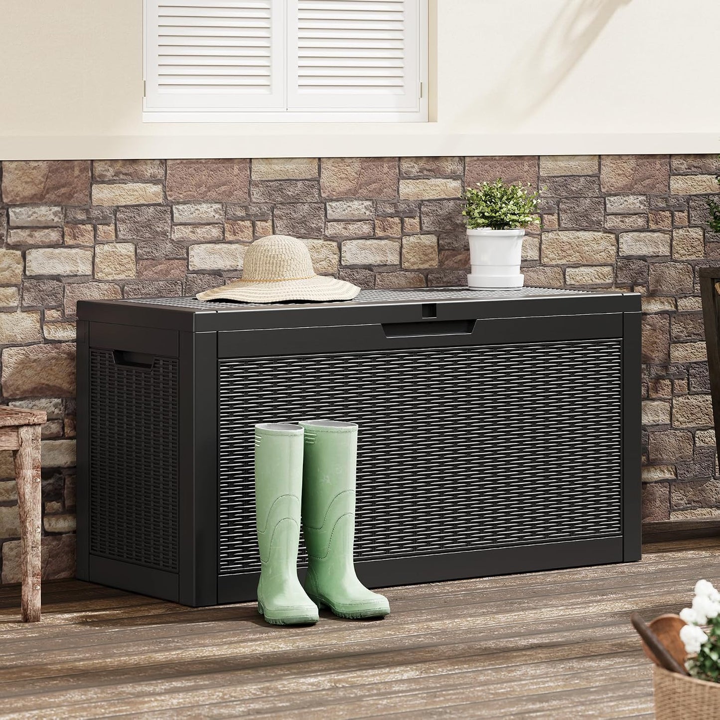 Outdoor Storage Box, 31 Gallon Resin Deck Boxes Outdoor Waterproof For Patio Furniture, Garden Tools, Pool Supplies, Lockable And UV Resistant (Rattan Gray)