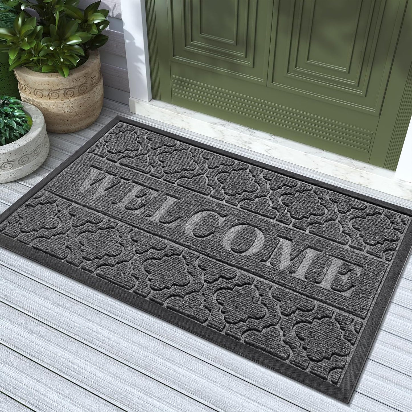 Yimobra Welcome Mat Outdoor Indoor, All-Weather Waterproof Front Door Mat Outside Entrance, Non-Slip Low Profile Porch Patio Doormat, 29.5x17, Black