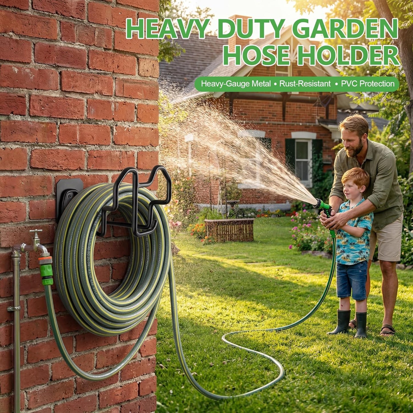 Heavy Duty Garden Hose Holder Wall Mount - Gloss Black Rust-Resistant Metal Hanger with Nozzle Slot, PVC Coated for Indoor/Outdoor Use