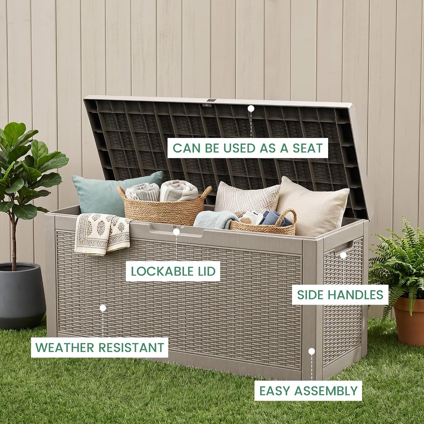 100 Gallon Storage Box, Waterproof Resin Deck Box with Hydraulic Piston Design, Lockable Storage Bench for Package Delivery, Storage Bin for Patio Cushions, Garden Tools, Black