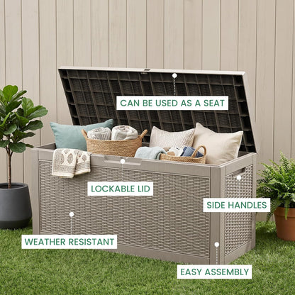 100 Gallon Storage Box, Waterproof Resin Deck Box with Hydraulic Piston Design, Lockable Storage Bench for Package Delivery, Storage Bin for Patio Cushions, Garden Tools, Black