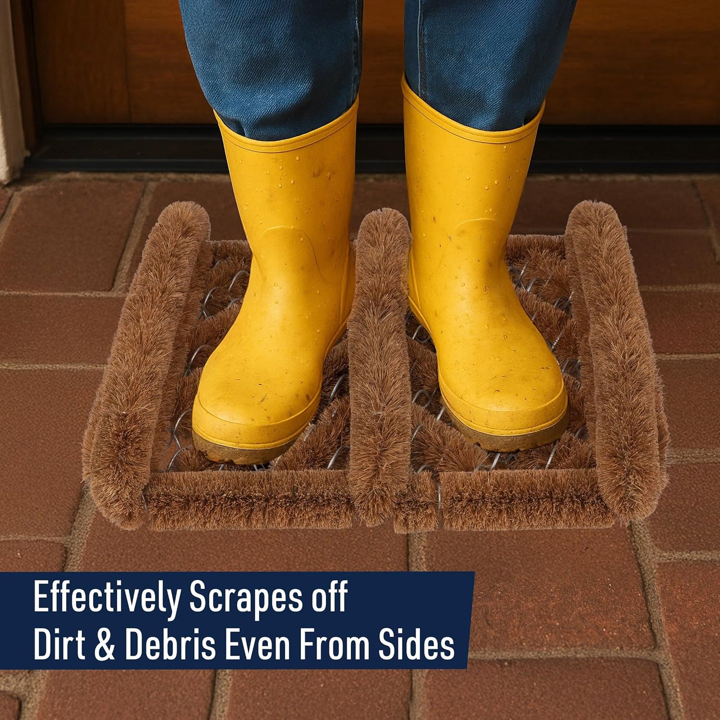 Kings County Tools Natural Coir Doormat - 13” x 12.5” Boot Brush Scraper Outdoor or Indoor Shoe Cleaner Brush Door Mat - 2.5” Thick Outdoor Boot Scraper with Stainless-Steel Wire Frame