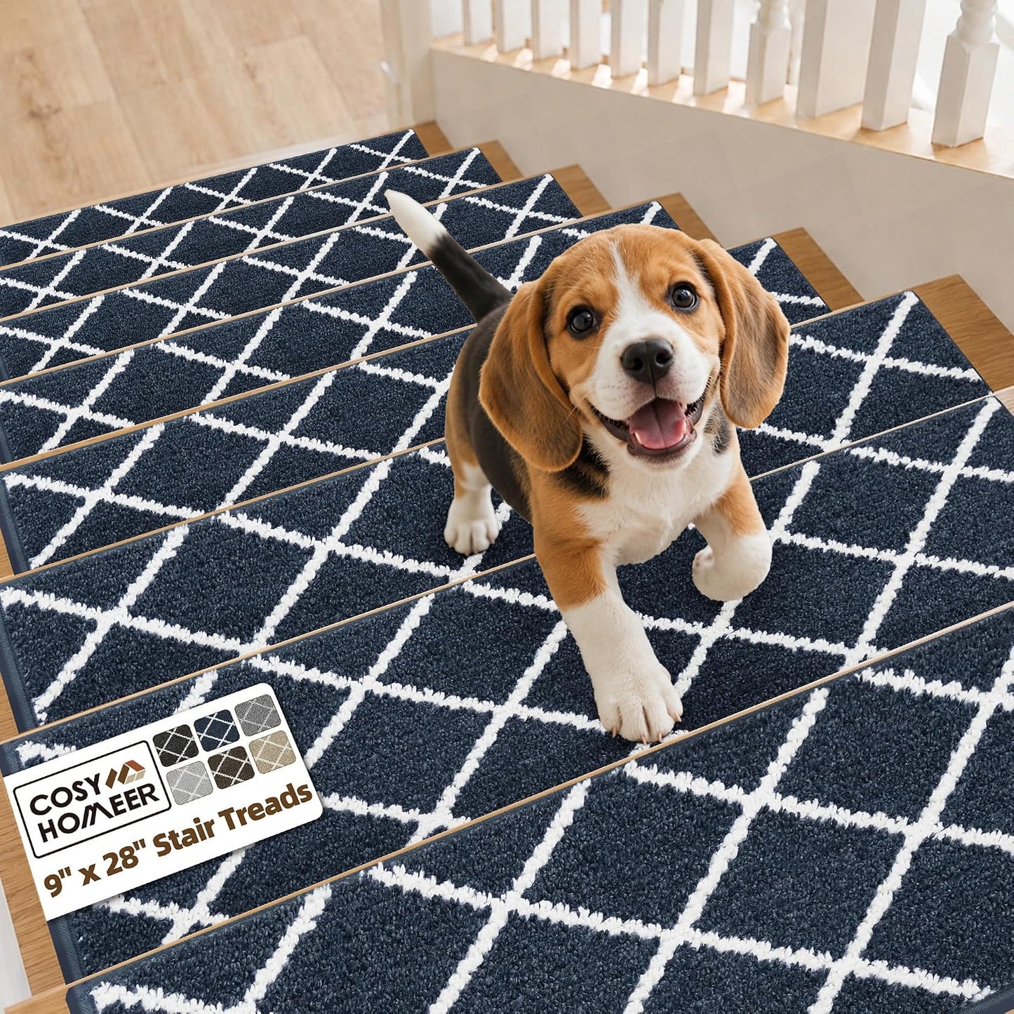 COSY HOMEER Carpet Stair Treads for Wooden Steps Non-Slip Indoor,4pcs, Navy | Peel and Stick,Reusable Adhesive,Residue Free,Washable,Pet Friendly,Soft Stair Runner for Kids,Elders,Multi-Surface Use