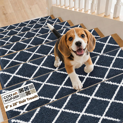 COSY HOMEER Carpet Stair Treads for Wooden Steps Non-Slip Indoor,4pcs, Navy | Peel and Stick,Reusable Adhesive,Residue Free,Washable,Pet Friendly,Soft Stair Runner for Kids,Elders,Multi-Surface Use