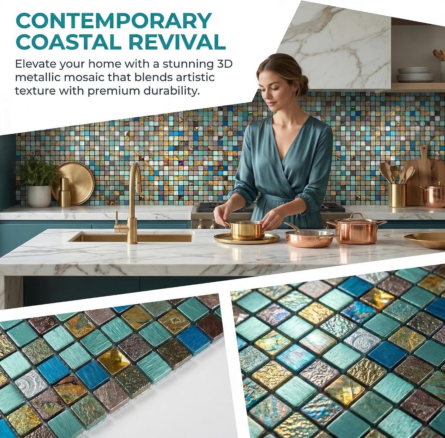 10 Sheets Peel and Stick Backsplash, Waterproof Mosaic Tile Self-Adhesive - Easy Cut to Size for Kitchen, Bathroom, Fireplace DIY Installation (10, Green+Blue Brushed)