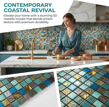 10 Sheets Peel and Stick Backsplash, Waterproof Mosaic Tile Self-Adhesive - Easy Cut to Size for Kitchen, Bathroom, Fireplace DIY Installation (10, Green+Blue Brushed)