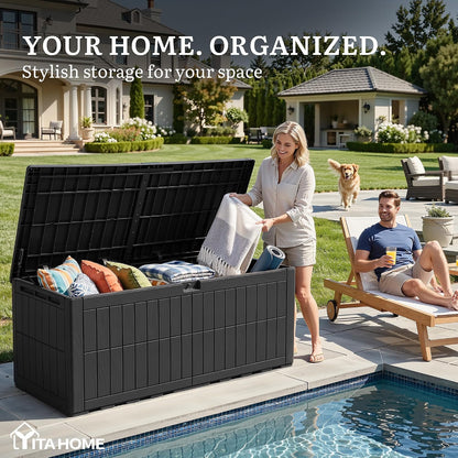 YITAHOME 134 Gallon Large Deck Box | Waterproof Resin Outdoor Storage Box with Lock, Doubles as 2-Person Bench Seating for Patio Furniture Cushions,Garden Tools &