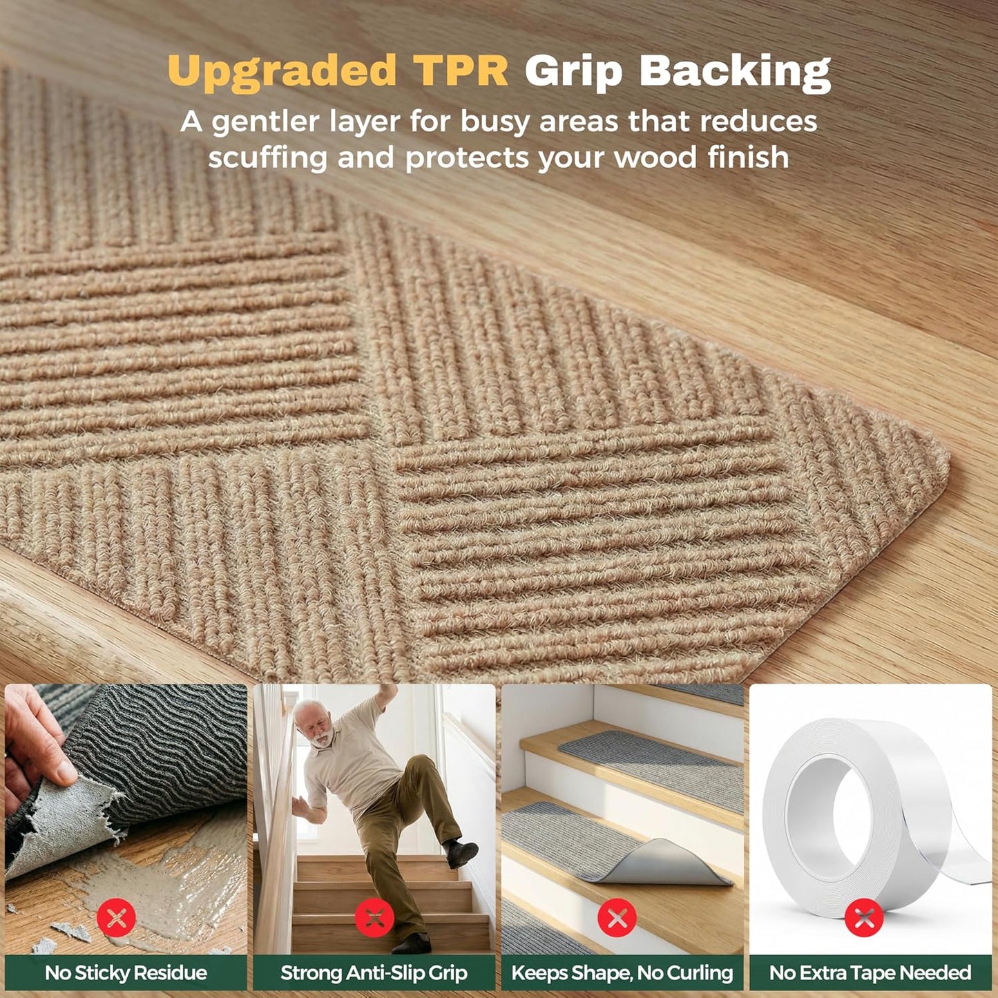 MBIGM 8" X 30" (15 in Pack) Non-Slip Carpet Stair Treads Non-Skid Safety Rug Slip Resistant Indoor Runner for Kids Elders & Pets with Reusable Adhesive - Dark Gray Diamond Weave
