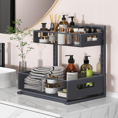 Petiza Under Sink Organizer Pull Out Cabinet Organizer Adjustable Height 2 Tier with Sliding Drawers Kitchen Bathroom Organizer and Storage(1pc)