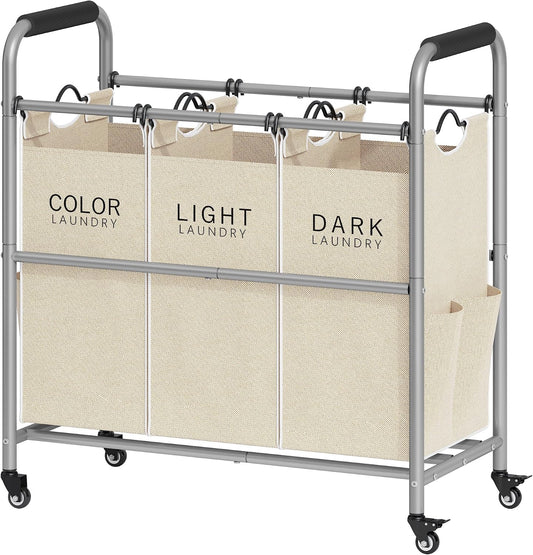 Tajsoon 3 Bag Laundry Sorter Cart, Laundry Hamper Sorter Basket with Heavy Duty Lockable Rolling Wheels for Clothes Storage, 3 Colors