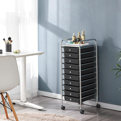 Yaheetech 4-Drawer Rolling Storage Cart with Wheels, Slim Organizer, Black | Four drawers plus a top shelf organize craft to bath gear; slim chrome-steel frame, plastic bins, locking wheels, easy setup.