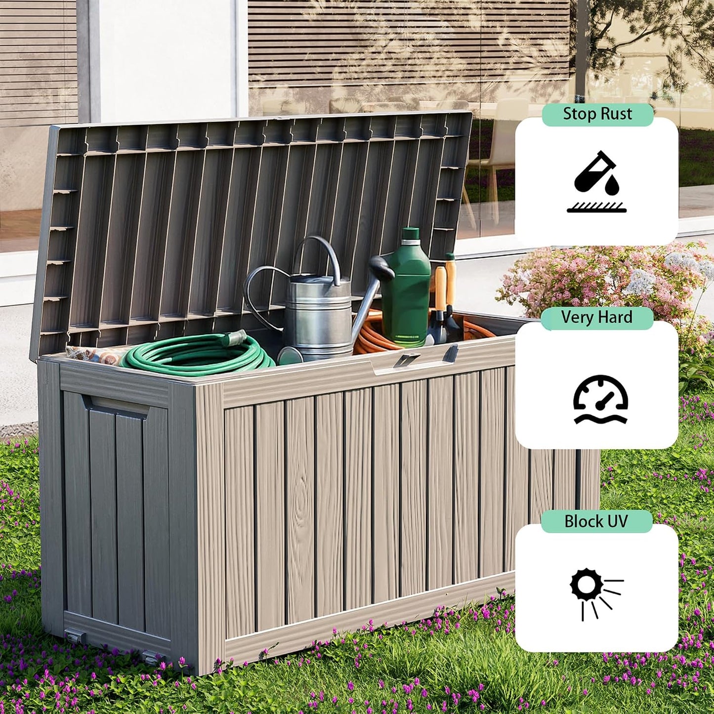 DRATO 35 Gallon Outdoor Storage Box Waterproof, Resin Small Deck Box for Patio Furniture Bench, Pool Garden Tools, Weatherproof Outside Storage Bin for Backyard Porch (Black, 35 Gallon)