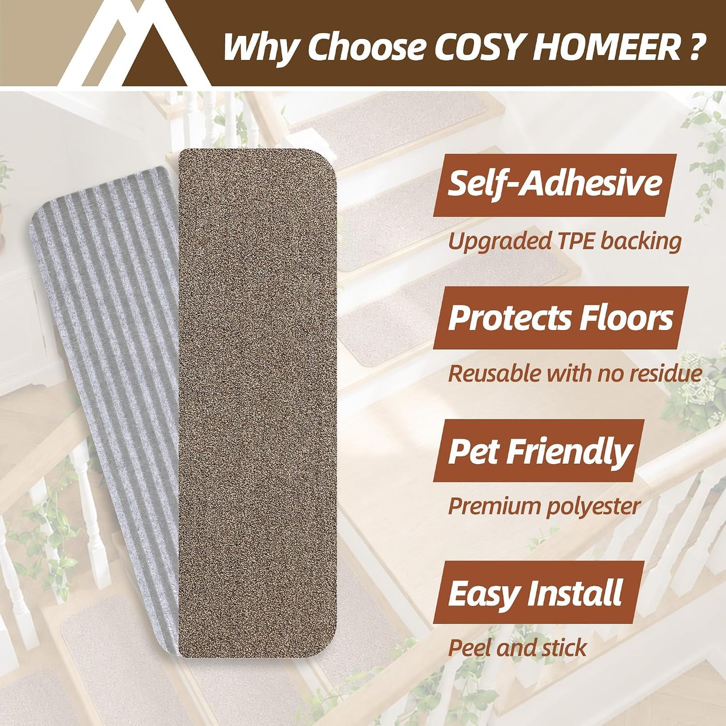 COSY HOMEER Stair Treads for Wooden Steps Non-Slip Carpet Mat,4pcs,Brown | Cut to Size,Peel and Stick,Washable,Residue Free,Self Adhesive,Stair Runner for Kid Elder Pet,28“x9”Carpet Stair Treads