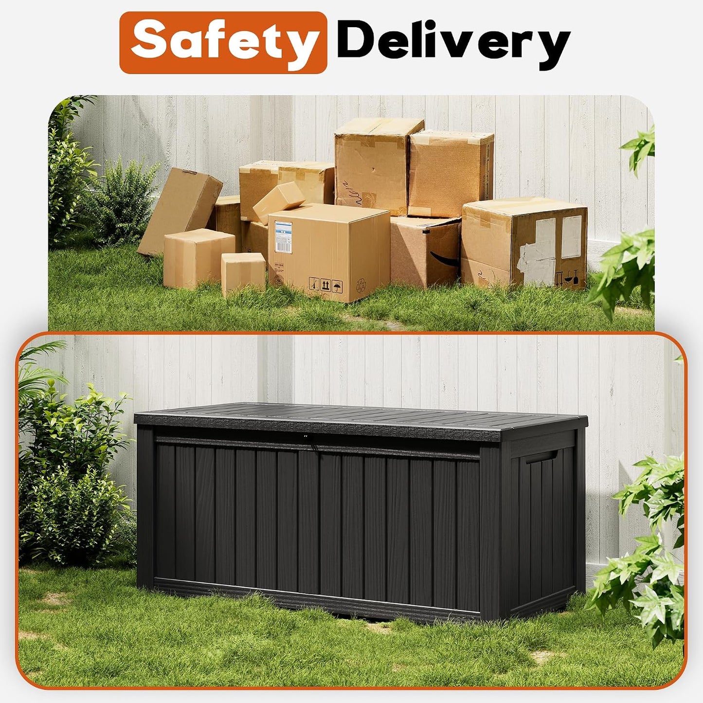 Outdoor Storage Box, Resin Deck Boxes Indoor and outdoor, Waterproof Storage Box Lockable Lid (Black, 85 Gallon)