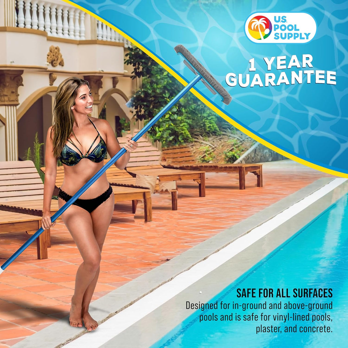 U.S. Pool Supply 13" Pool Brush with Rubber Bristles and Squeegee Edge - Safe for Vinyl Liners, Ideal for Above-Ground Pools, Aluminum Pole Handle - Scrub Leaves Debris from Walls, Floors, Corners