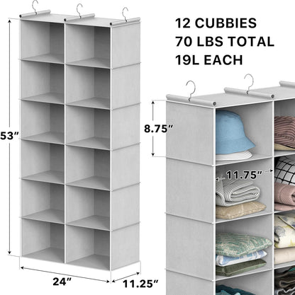 Simple Houseware 6 Shelf Double-Wide Hanging Closet Organizer, 12 Large Shelves Total, Gray