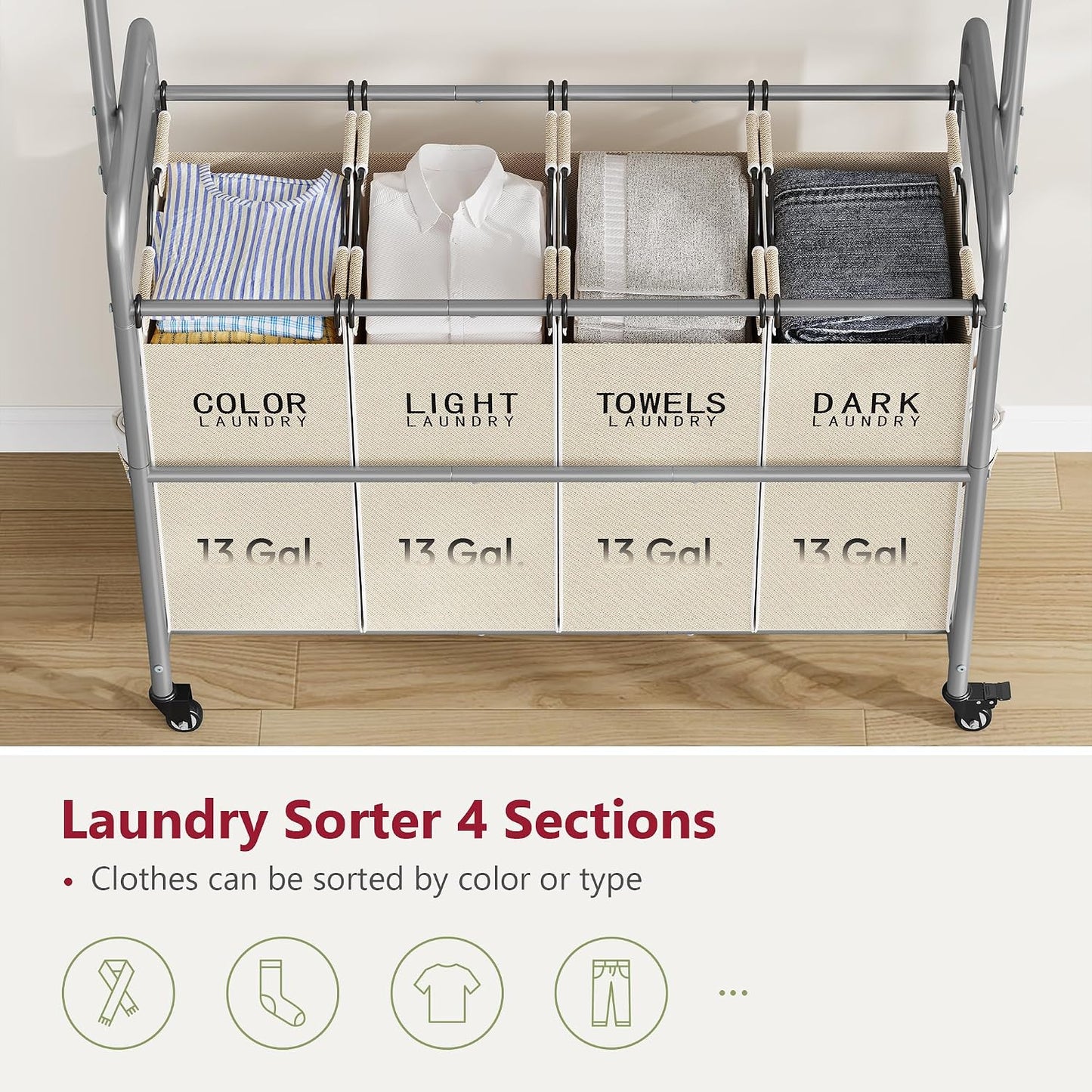 Tajsoon Laundry Hamper with Hanging Rack, 3 Section Laundry Sorter with Heavy Duty Lockable Wheels, Laundry Basket Organizer for Dirty Clothes Storage, 3 Beige