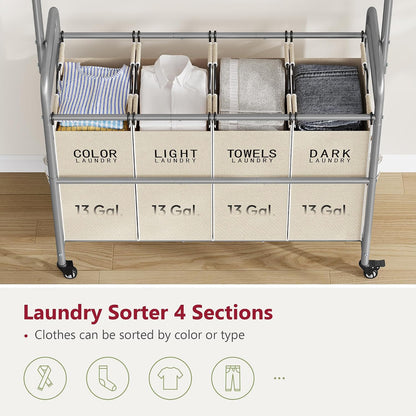 Tajsoon Laundry Hamper with Hanging Rack, 3 Section Laundry Sorter with Heavy Duty Lockable Wheels, Laundry Basket Organizer for Dirty Clothes Storage, 3 Beige