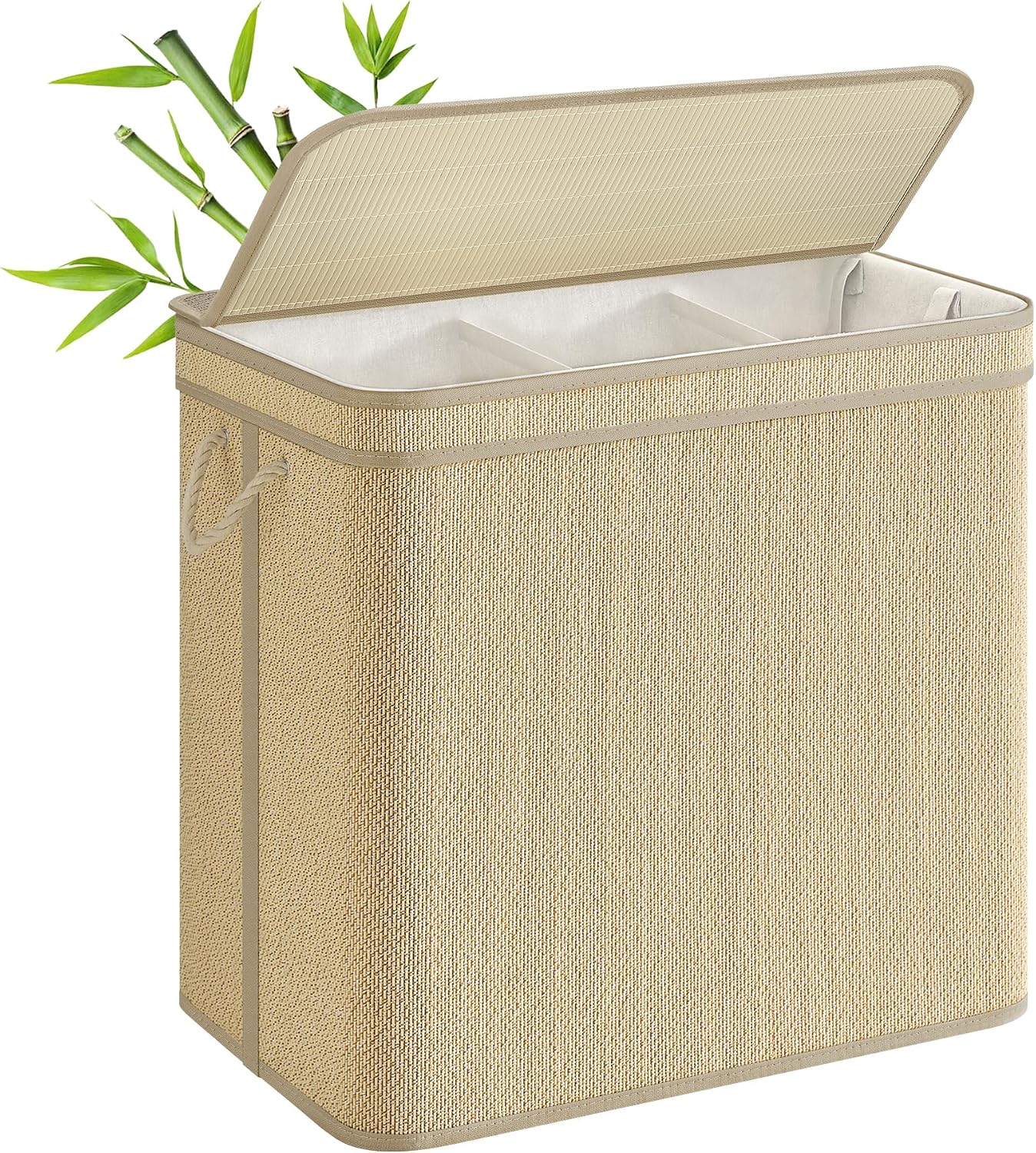 SONGMICS 3-Section Laundry Hamper With Lid, 44.9 Gal (170 L) Large Laundry Basket With 3 Removable Machine Washable Fabric Bag, Bamboo Clothes Hamper, Handles, for Bathroom, Natural Color ULCB069Y01