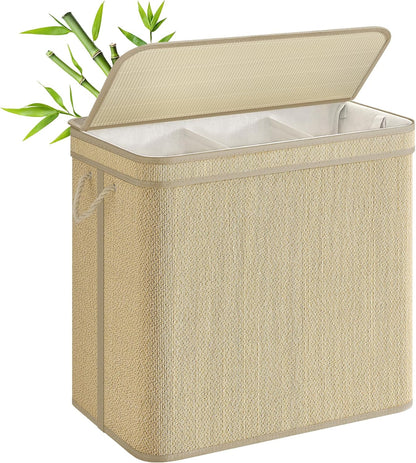 SONGMICS 3-Section Laundry Hamper With Lid, 44.9 Gal (170 L) Large Laundry Basket With 3 Removable Machine Washable Fabric Bag, Bamboo Clothes Hamper, Handles, for Bathroom, Natural Color ULCB069Y01