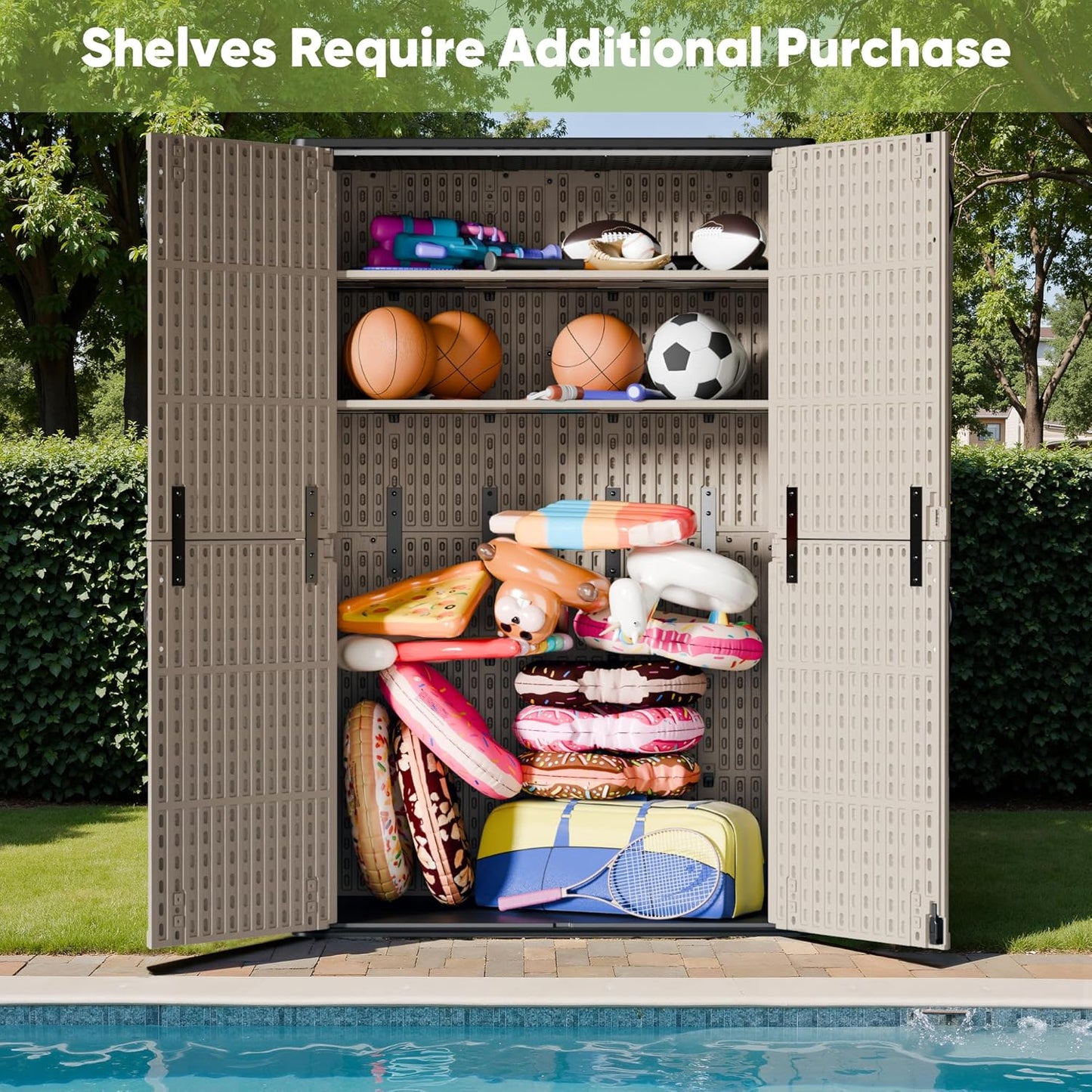 Devoko Outdoor Storage Cabinet 26 Cu Ft with Lockable Doors, Horizontal Storage Shed Waterproof Patio Tools Storage Box for Sofa Cushions, Gardening Tools and Accessories (Beige)