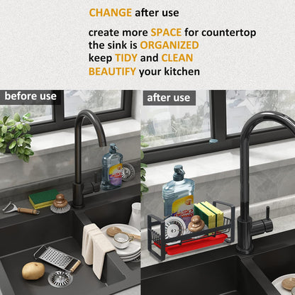 Kitchen Sponge Holder for Sink, Kitchen Sink Caddy Organizer, Sink Tray Drainer Rack, Dish Rags Brush Soap Storage Countertop with Removable Front Drain Pan - Black
