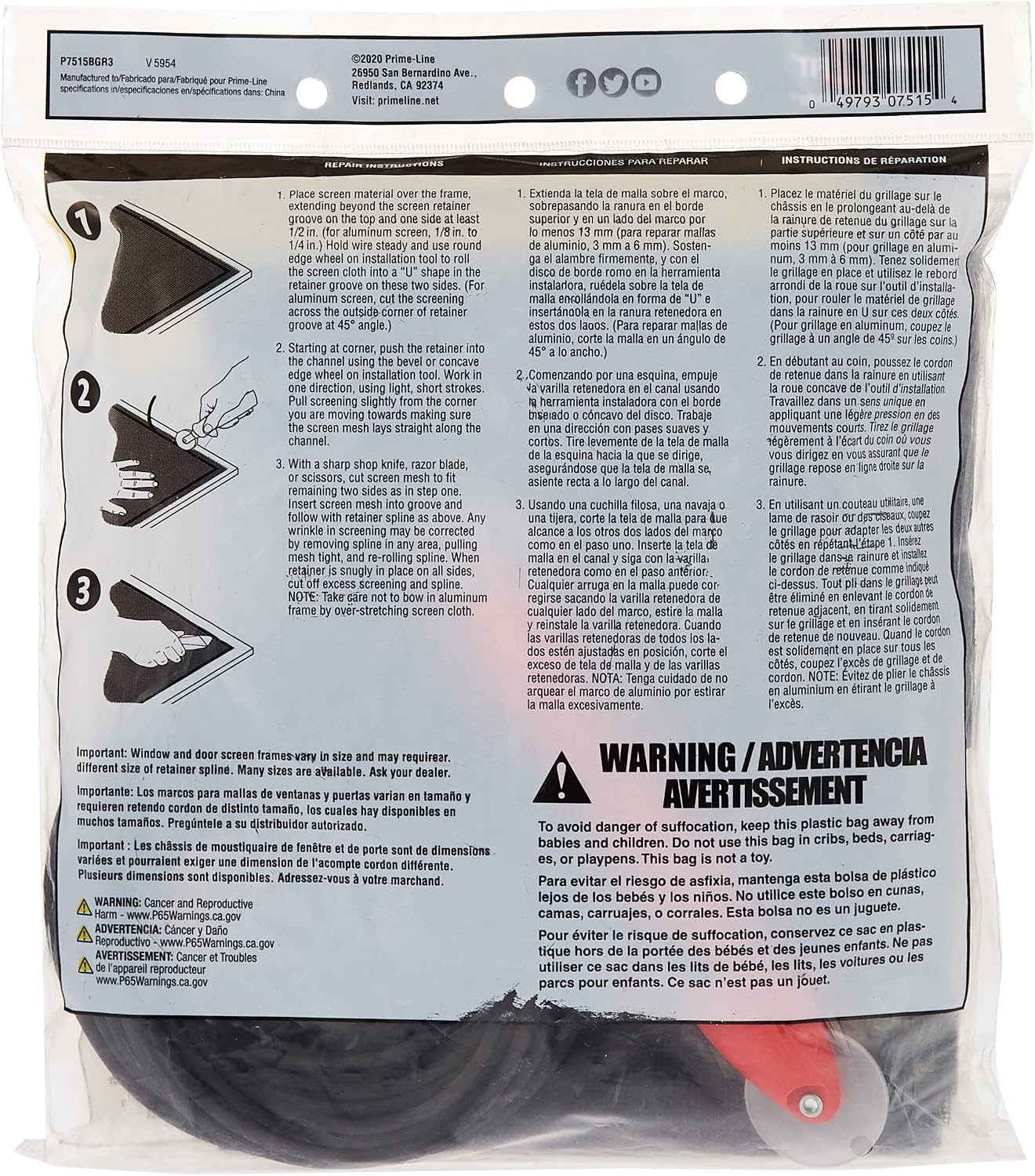 Prime-Line P 7515 Screen Door Repair Kit, 36 In. x 84 In. | Rolling Tool Included, Charcoal Fiberglass Screen Cloth, Black Spline, For Windows or Patio Doors