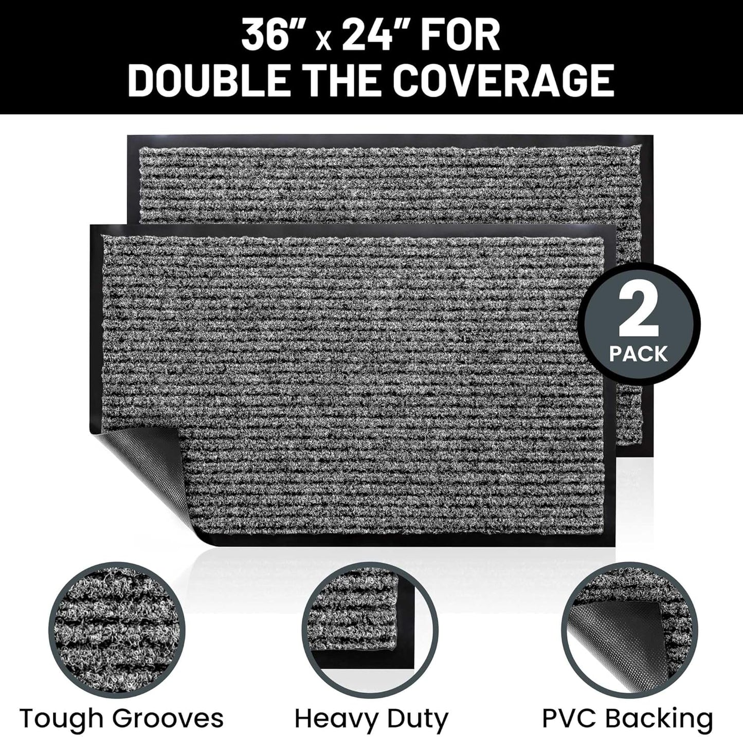 Sierra Concepts Front Door Mat Welcome Floor Mats - Entryway Indoor Outdoor Entrance Doormat, Patio, Porch, Muddy Shoe, Inside Outside Low Profile, 30x17 inches, 2-Pack Gray