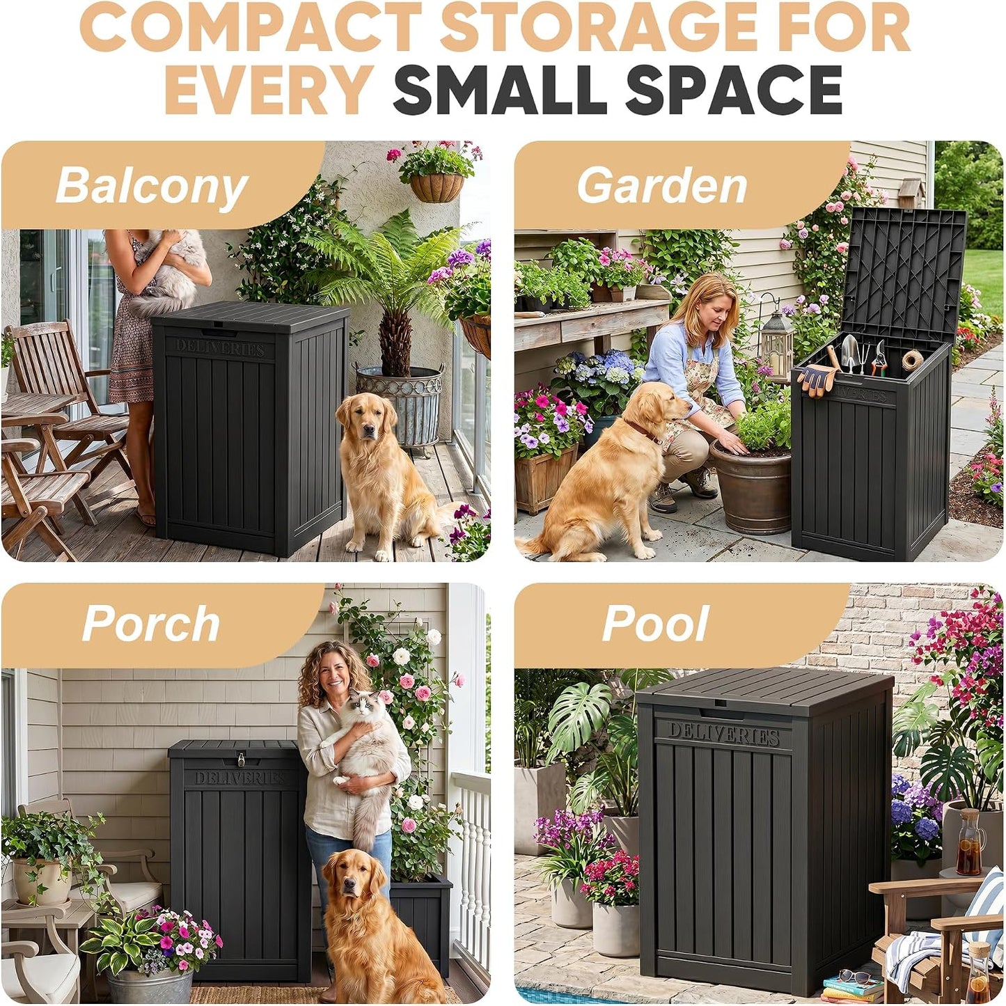 EasyUp 33 Gallon Resin Deck Box Waterproof, UV Resistant Outdoor Storage Box for Delivery, Porch, Patio and Garden, Stripe Black