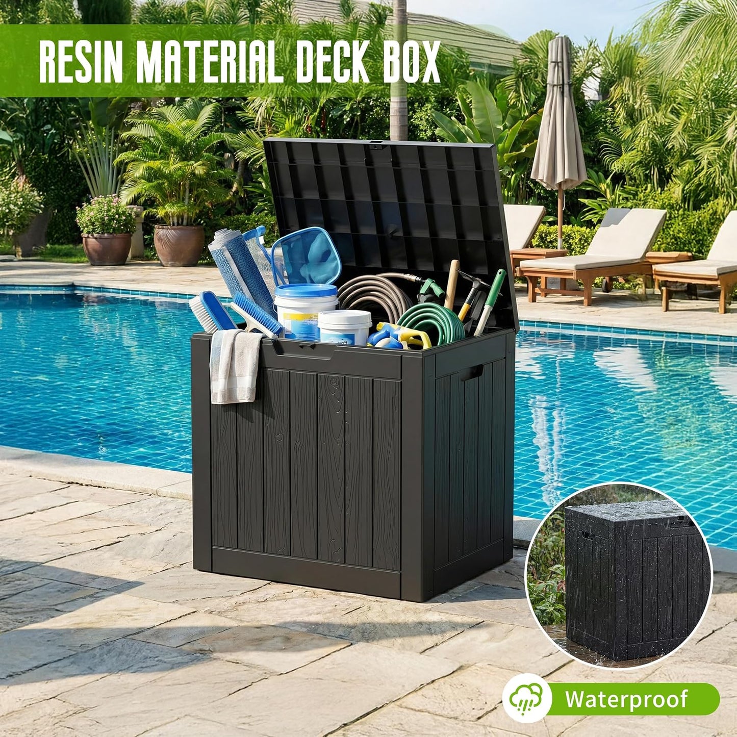 DRATO 35 Gallon Outdoor Storage Box Waterproof, Resin Small Deck Box for Patio Furniture Bench, Pool Garden Tools, Weatherproof Outside Storage Bin for Backyard Porch (Black, 35 Gallon)