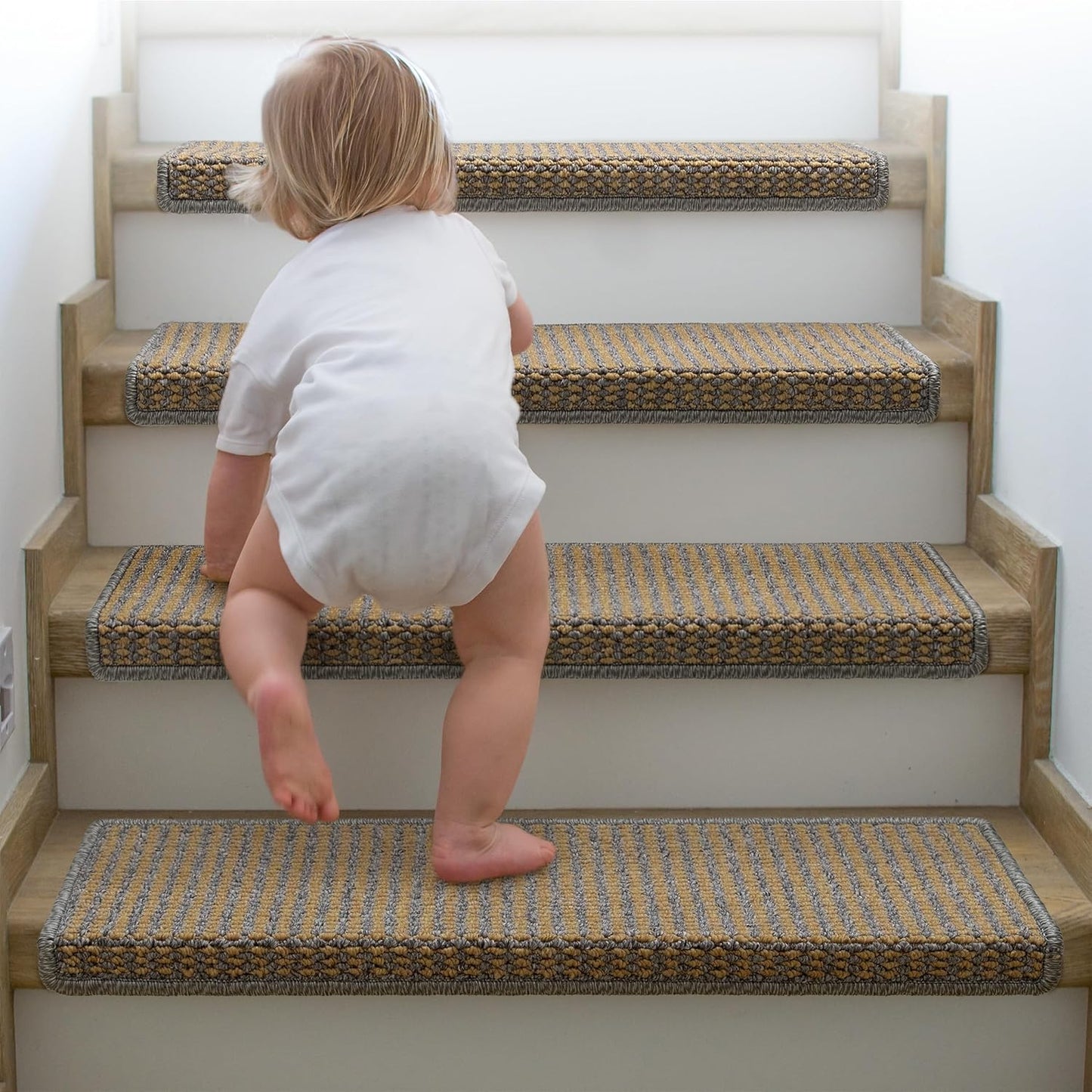 Brakki Bullnose Carpet Stair Treads, Non Slip Stair Treads for Wooden Steps Indoor, Stair Runner, Soft Stair Rugs, Edging Stair Protectors, Washable, 29.5"x9.5"x1.5" 14pcs, Beige