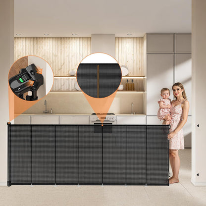 Retractable Baby Gate for Stairs, 42" Tall X 200" Wide Mesh Dog Gate Indoor, Child Gate for Doorways, Hallways, Deck, Indoor Outdoor Pet Baby Safety Essentials for Home, Black