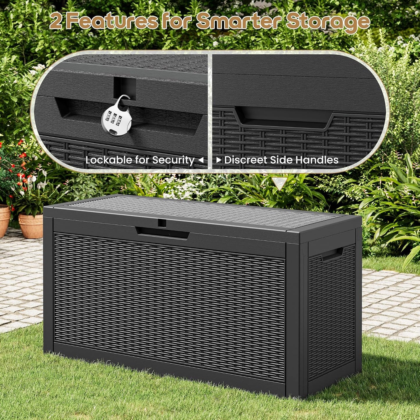 Outdoor Storage Box, 31 Gallon Resin Deck Boxes Outdoor Waterproof For Patio Furniture, Garden Tools, Pool Supplies, Lockable And UV Resistant (Rattan Gray)