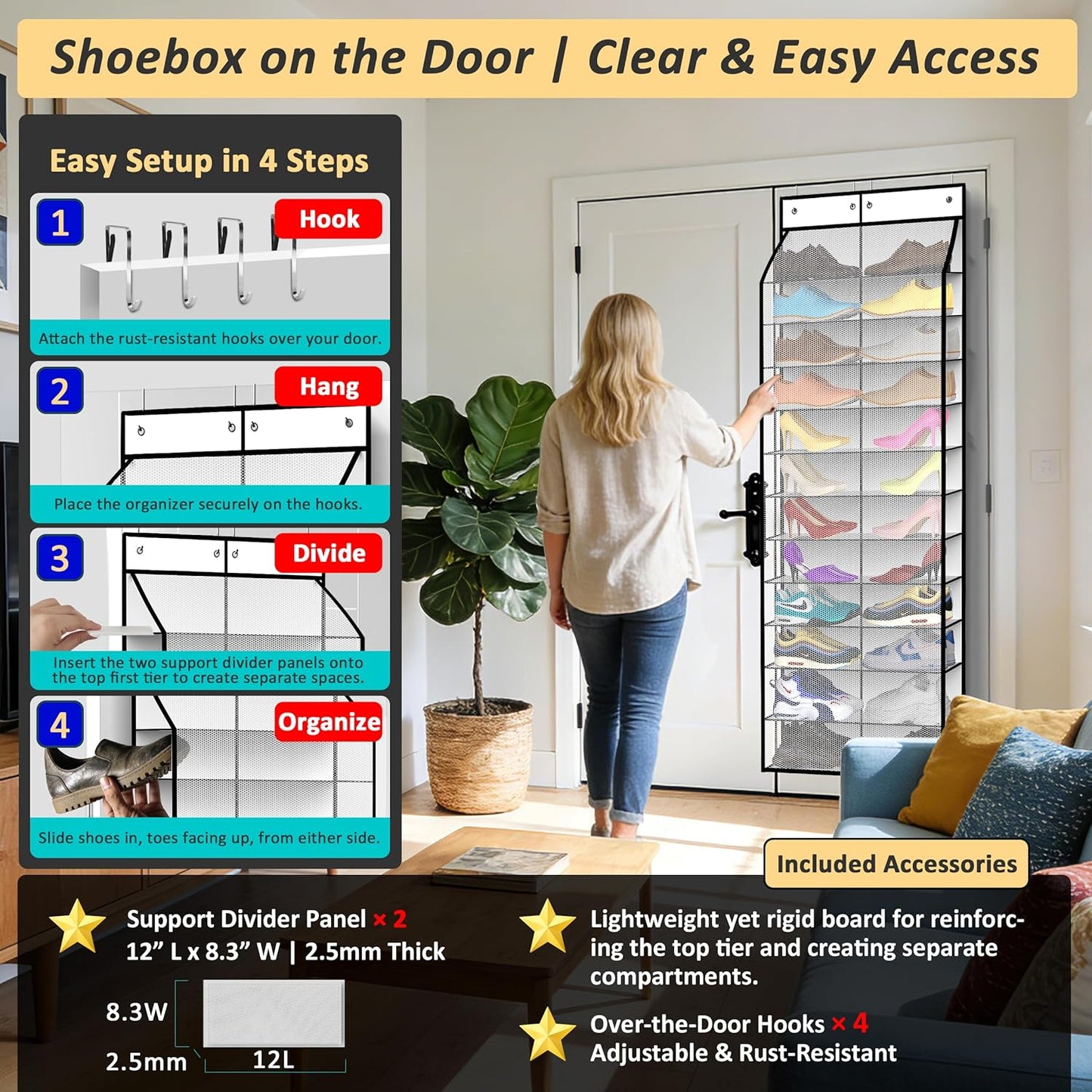 Kotkn 24-Pair Over Door Shoe Organizer for Family & Kids, Double Sided | Hanging Storage for Sneakers, Boots, Toys & Room Organization-Graphite Gray