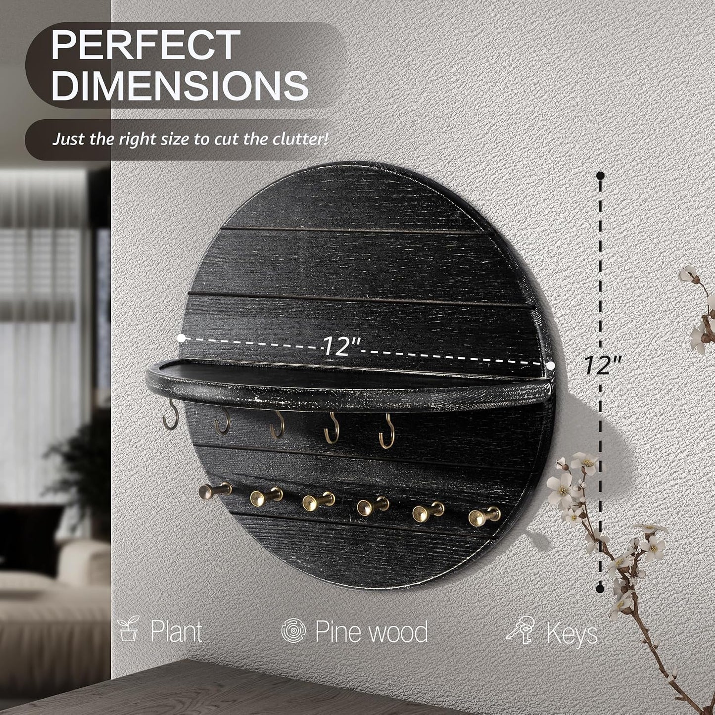 Rebee Vision Pine Wood Key Holder Wall Mount – Rustic Wooden Key Hooks for Wall with Shelf – Decorative Mail Organizer, Coat Rack & Dog Leash Holder for Home Decor, Entryway and Living Room (Brown)