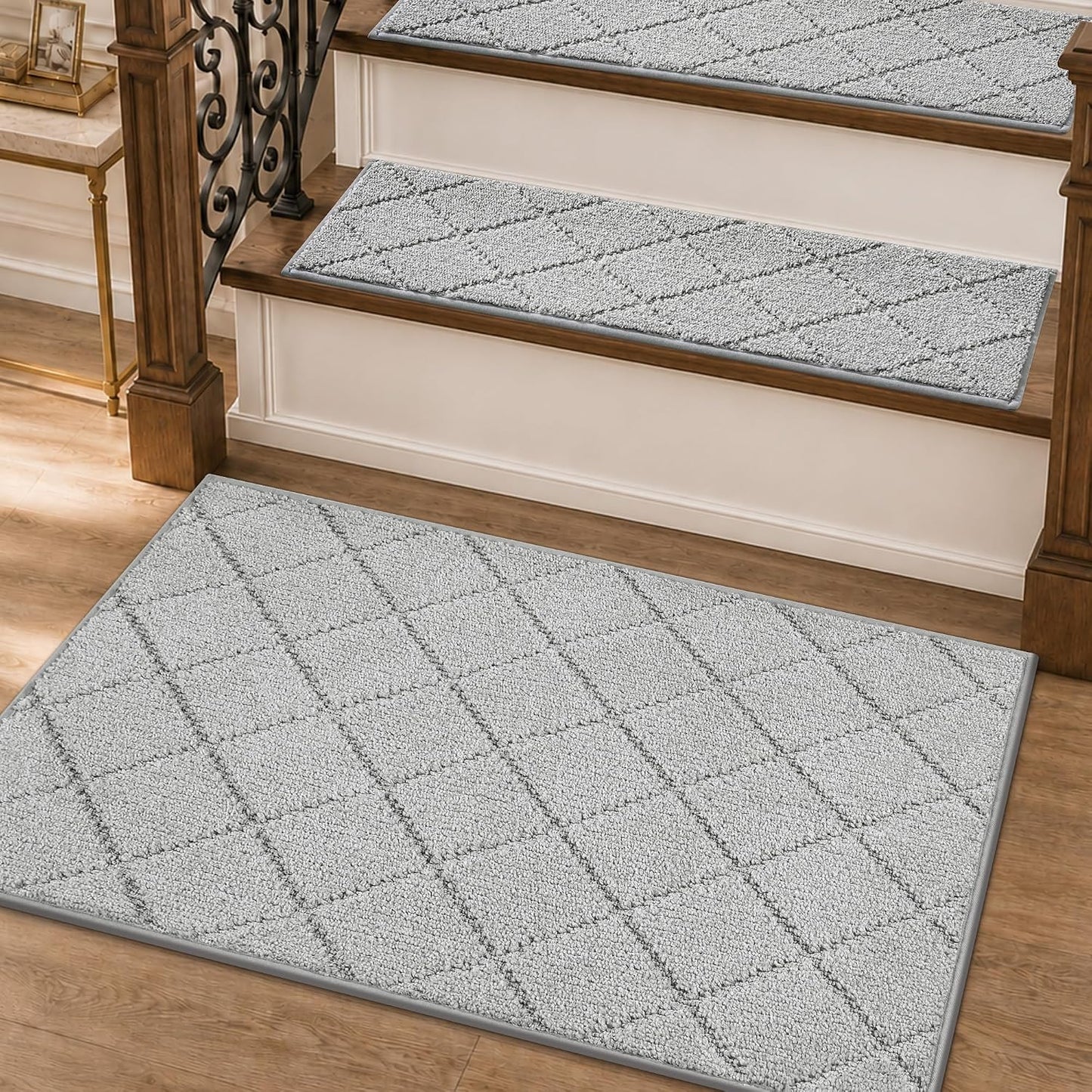 COSY HOMEER Edging Stair Treads Non-Slip Carpet Mat 28inX9in Indoor Stair Runners for Wooden Steps, Edging Stair Rugs for Kids and Dogs, 100% Polyester TPE Backing(4pc, Beige)