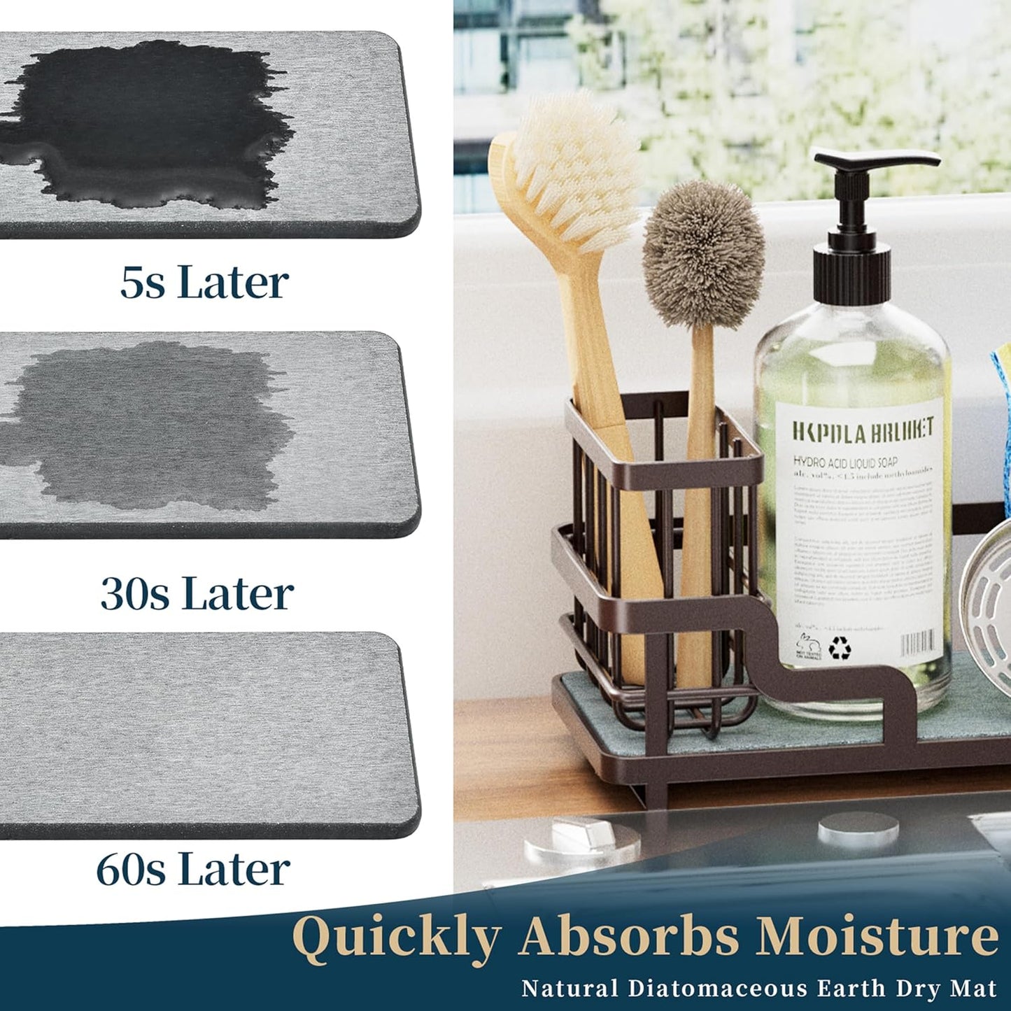Consumest Sponge Holder for Kitchen Sink - Sink Caddy Organizer with Water Absorbing Stone Tray, Detachable Brush Holder, Stainless Steel Kitchen Counter Organizer Rack, Black