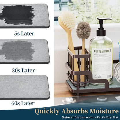 Consumest Sponge Holder for Kitchen Sink - Sink Caddy Organizer with Water Absorbing Stone Tray, Detachable Brush Holder, Stainless Steel Kitchen Counter Organizer Rack, Black