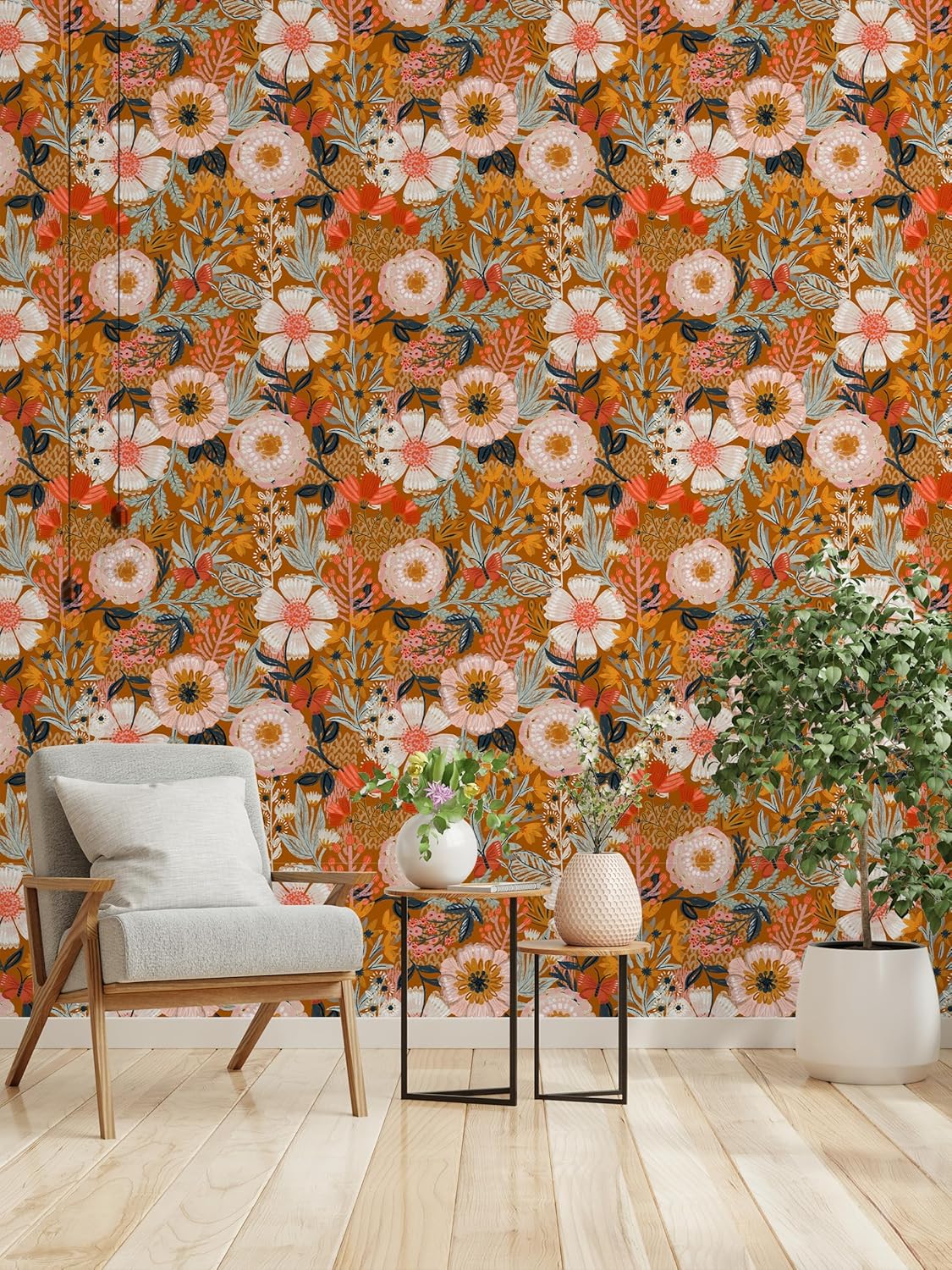 HAOKHOME Boho Peel and Stick Wallpaper Floral Wall Paper Removable for Bedroom Navy/Pink/Orange Contact Paper 17.7in x 9.8ft
