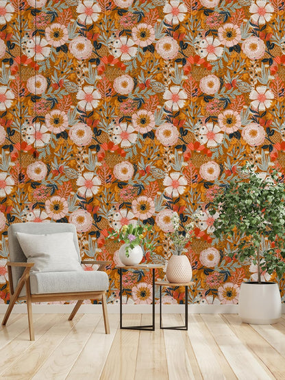 HAOKHOME Boho Peel and Stick Wallpaper Floral Wall Paper Removable for Bedroom Navy/Pink/Orange Contact Paper 17.7in x 9.8ft