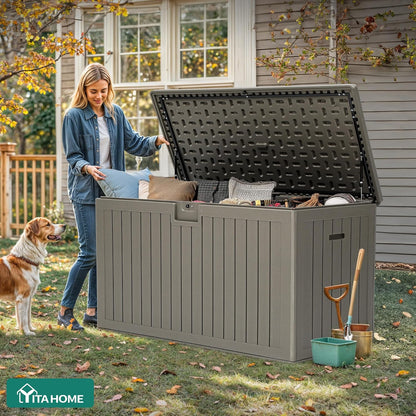YITAHOME 95 Gallon Outdoor Storage Deck Box | Waterproof Resin Deck Box w/Handles, Lockable Outdside Deck Box for Patio Furniture, Garden Tools, Lockable & UV
