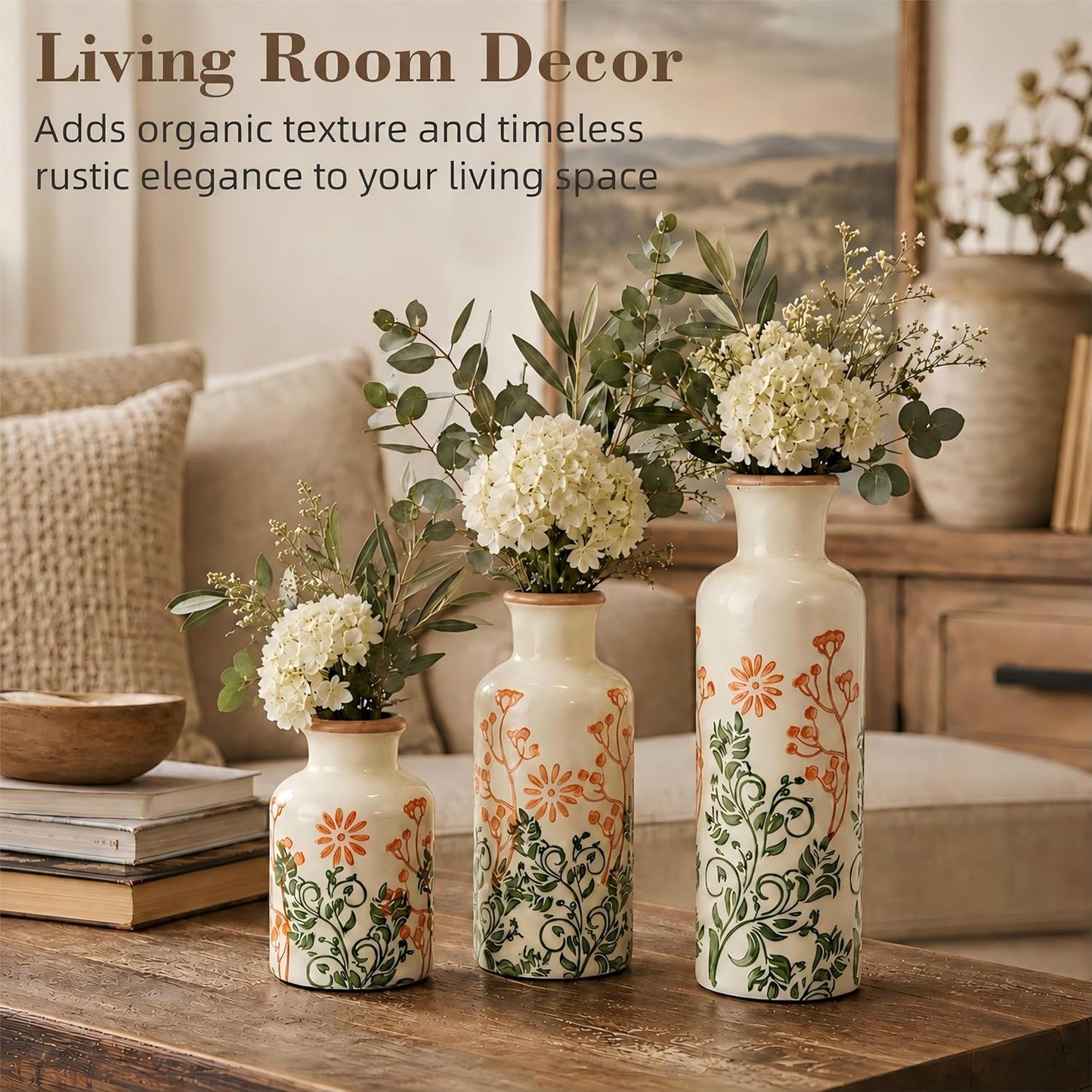 TBWIND Ceramic Vases Set of 3, Neutral Pottery Rustic Farmhouse Flower Vase | Small Decorative Flower Vases Modern Home Decor for Table Mantel Entryway Bookshelf Living Room Kitchen Bedroom